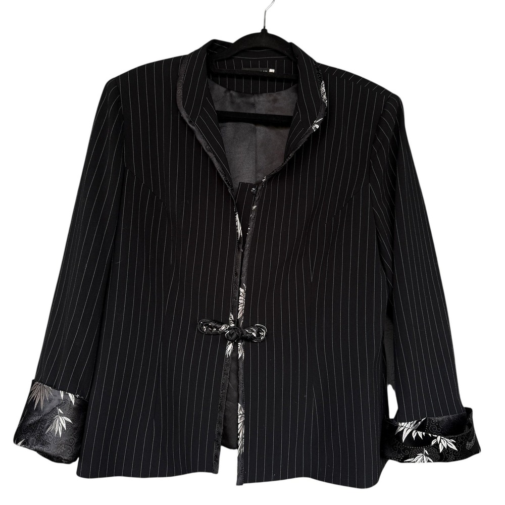 Bracha‎ Jacket Womens XL Black Pinstripe Mandarin Collar Frog Closure Blazer